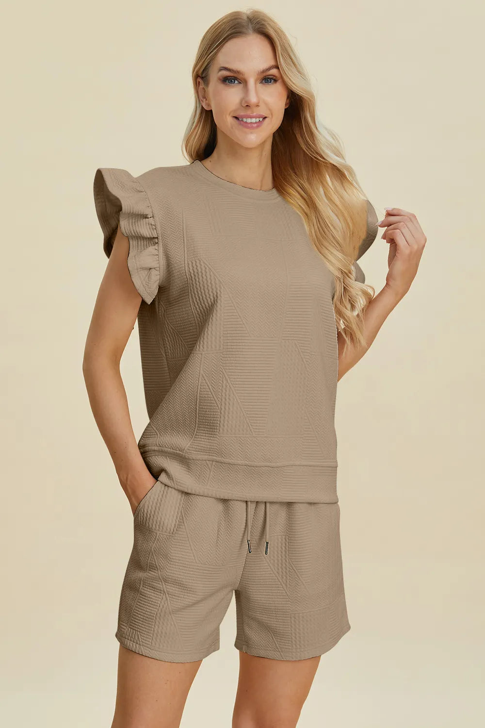Double Take Full Size Texture Round Neck Ruffle Sleeve Top and Shorts Set Khaki