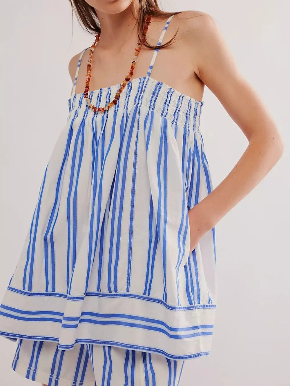 Smocked Square Neck Cami and Shorts Set Blue