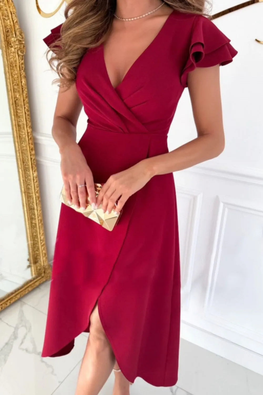 surplice ruffled cap sleeve zip back dress shown as women’s dress