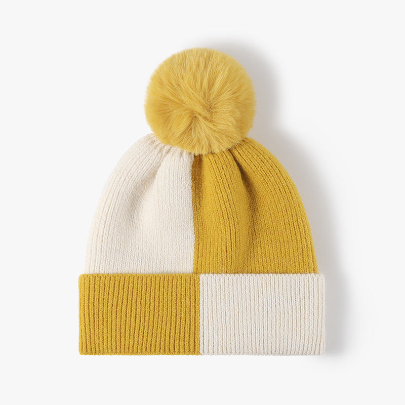 Color Block Knit Hat with Pom-pom Yellow One Size