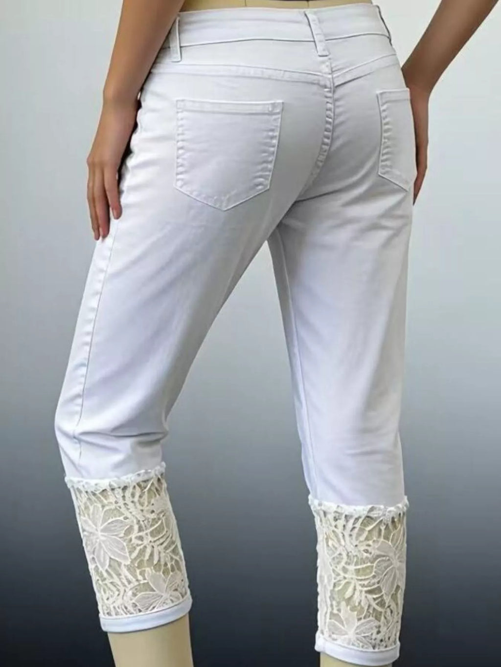 women's full size lace trimmed capri jeans plus size - close-up detail