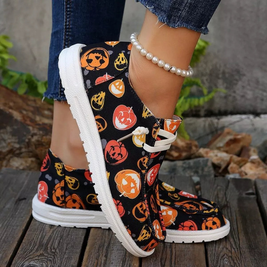 women's halloween pumpkin print round toe sneakers - styling option