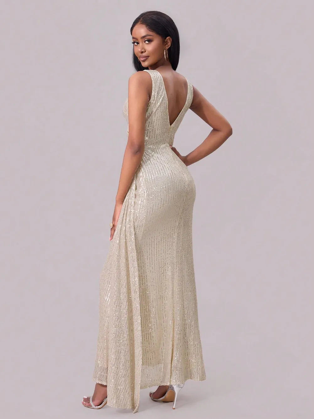 surplice sequin dress Elegant Surplice Neck Ruched Sequin Party Dress Champagne / M