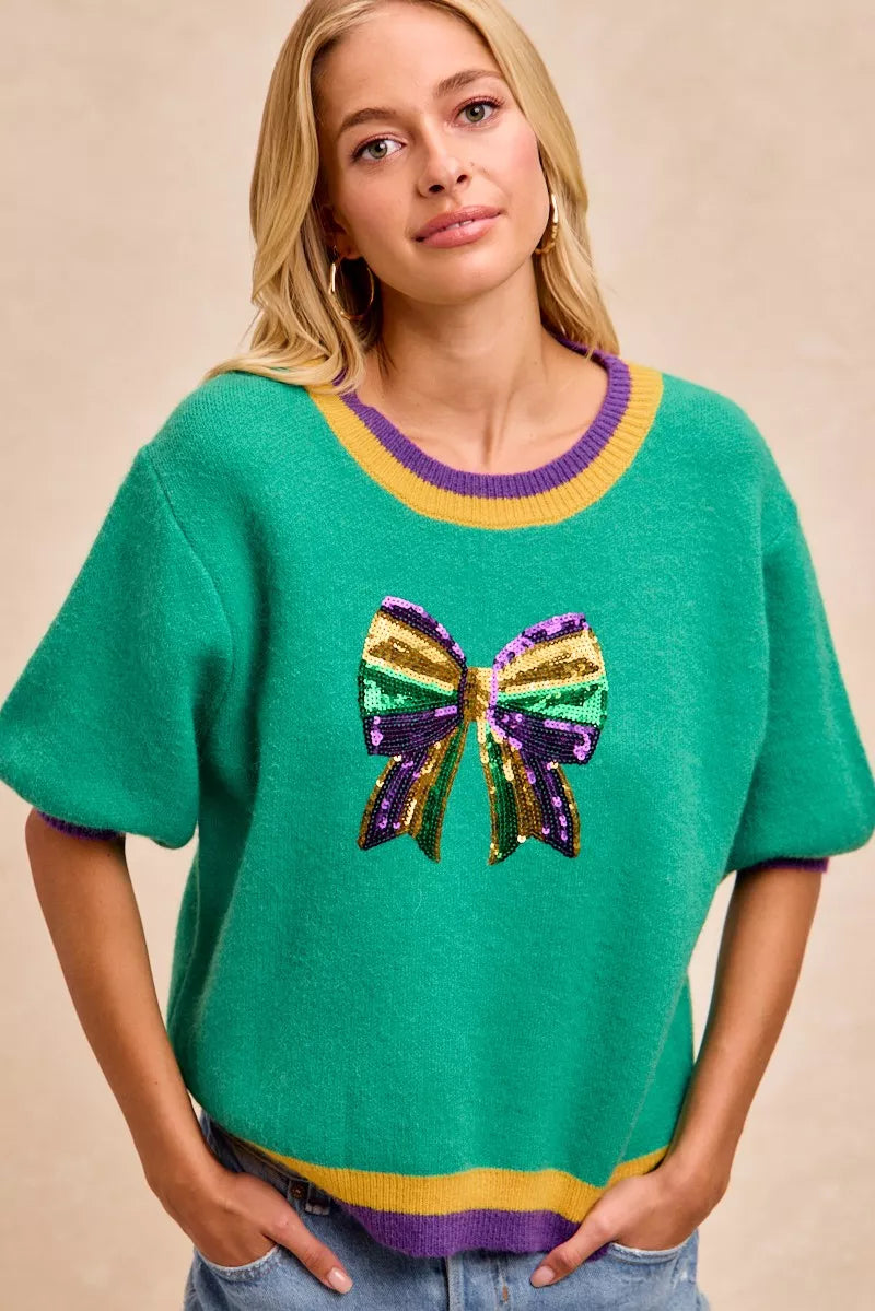 women's bibi mardi gras sequin ribbon patched sweater - product showcase