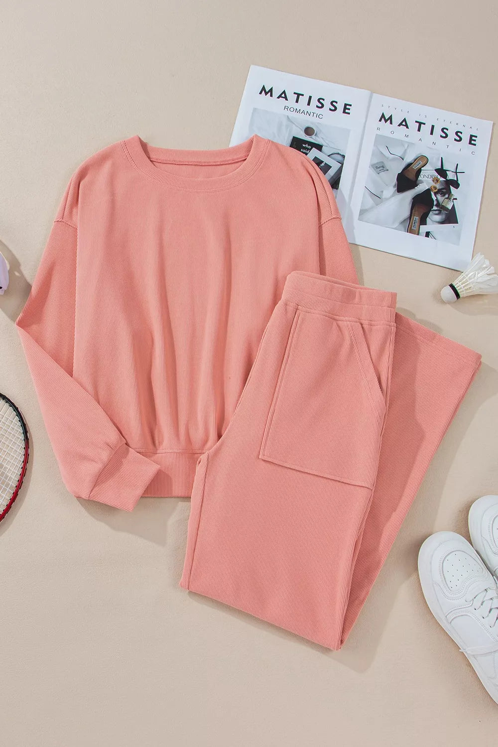 women's ribbed round neck top and pants set - styling option
