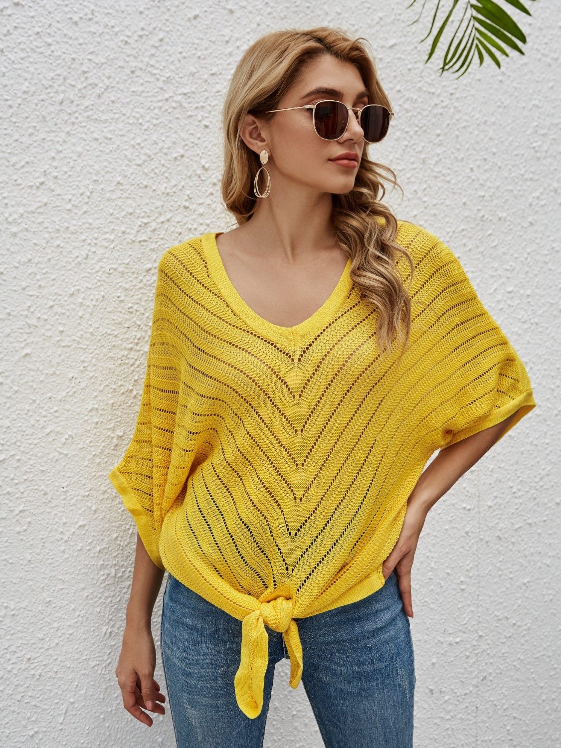 Openwork Batwing Sleeve Cover-Up Yellow