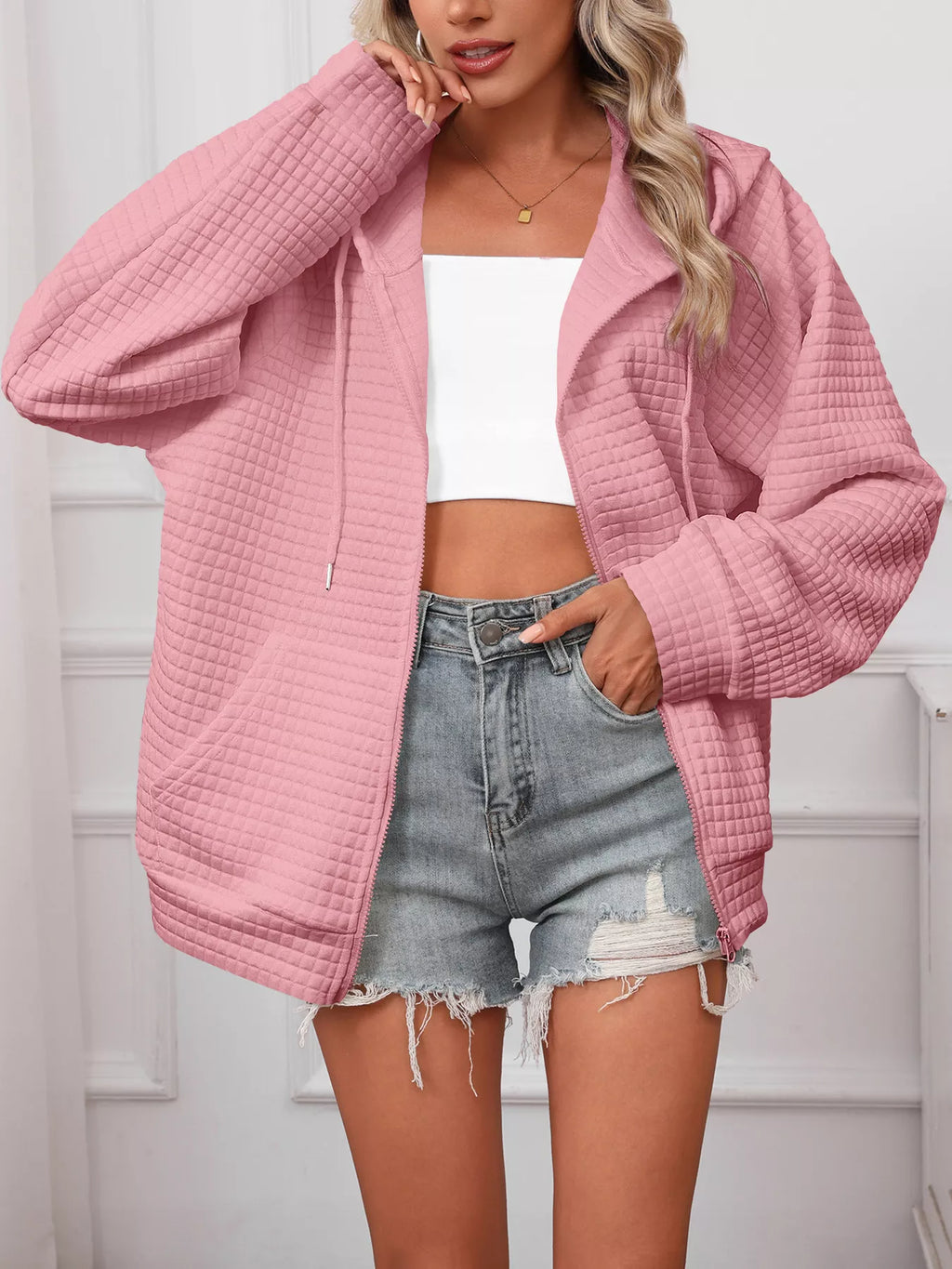 women's full size textured quilted zip-up hooded jacket plus size - product detail