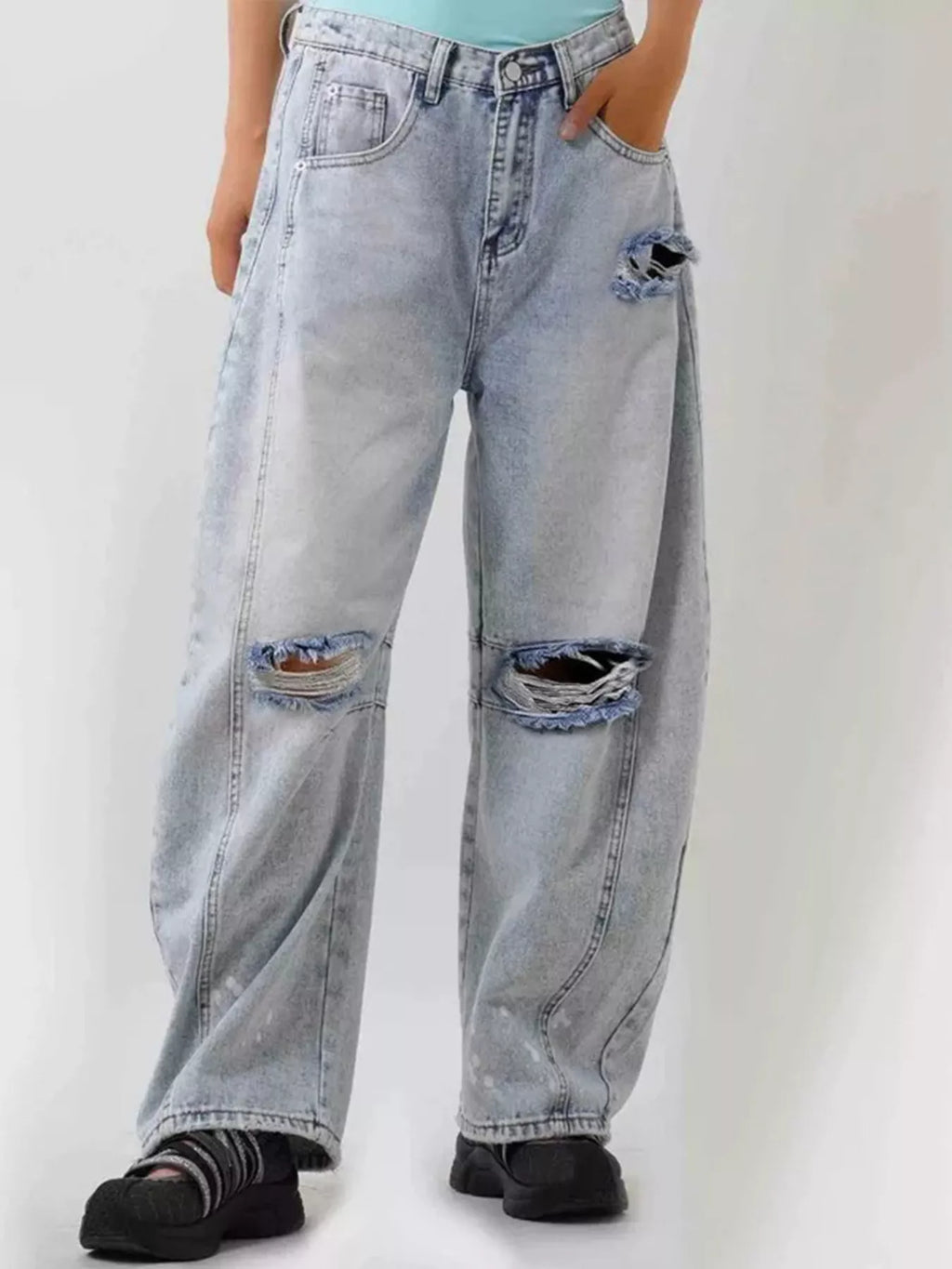 women's distressed wide leg jeans - main product image