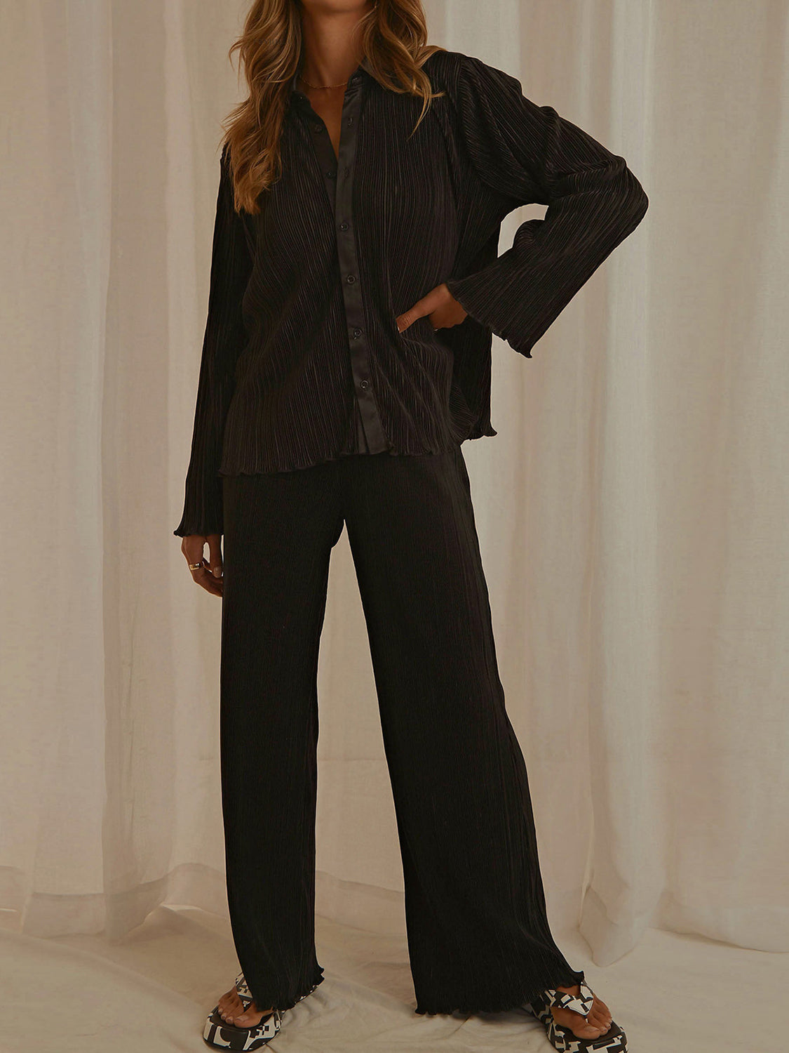 Collared Neck Long Sleeve Top and Pants Lounge Set Black