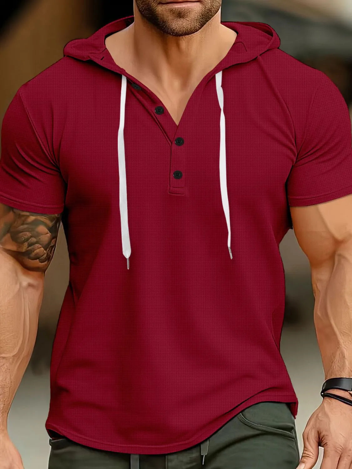 Men's Full Size Drawstring Short Sleeve Hooded Top Plus Size Deep Red