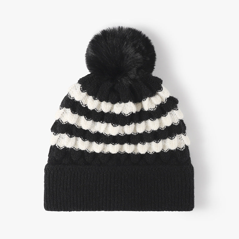 Striped Contrast Knit Hat with Pom-pom Black One Size