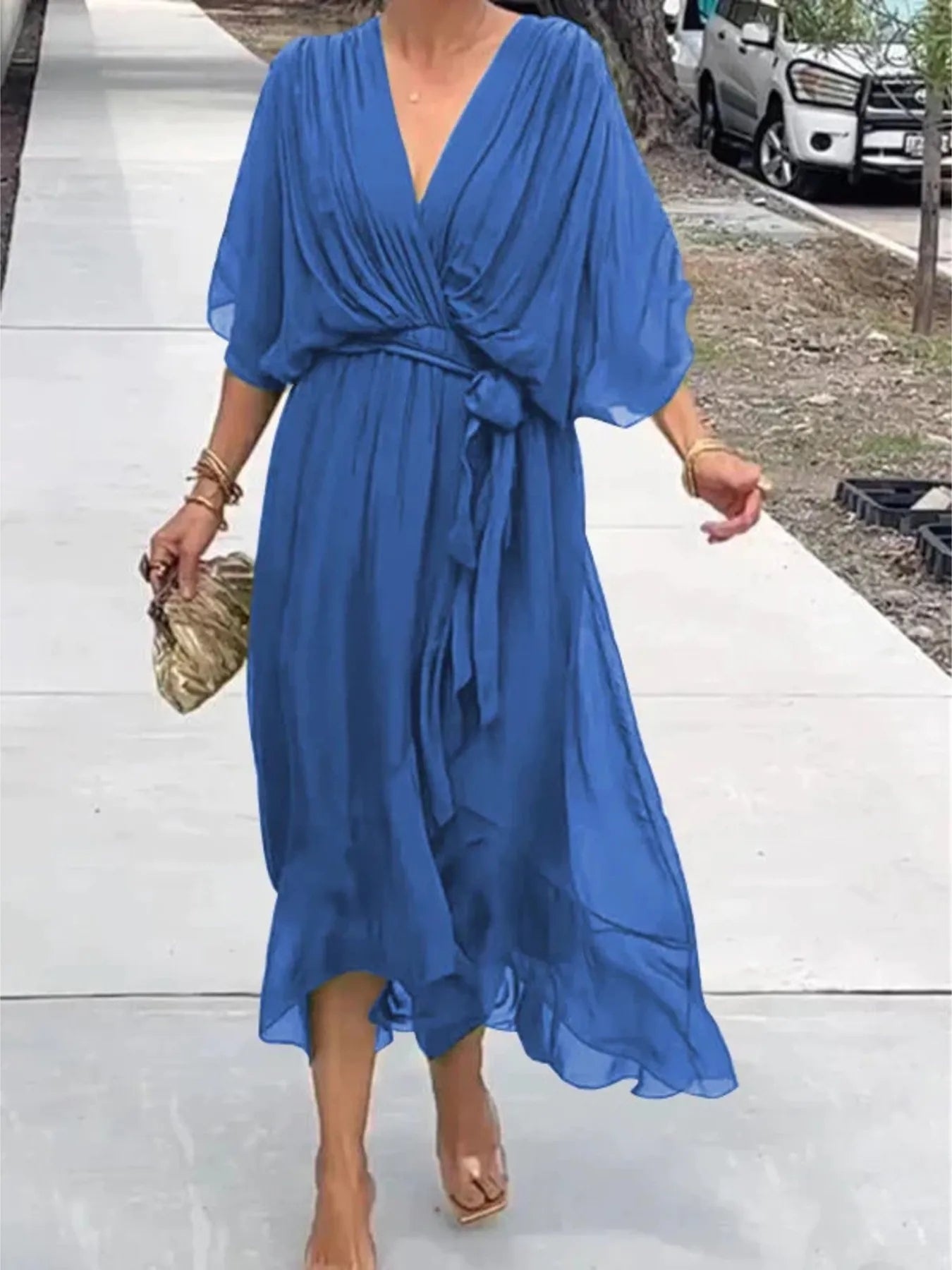 Full Size Flowy Tie Front Midi Dress with Flutter Sleeves Plus Size Blue