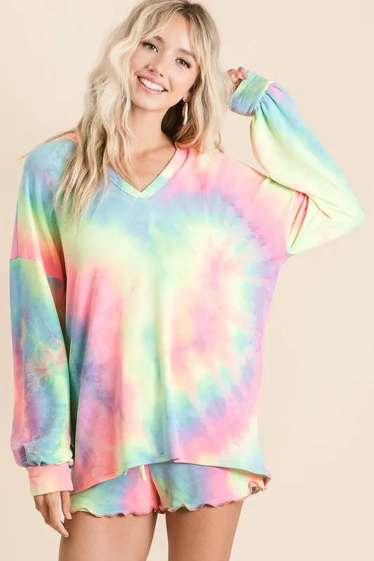 women's bibi tie dye french terry top with balloon sleeves - product showcase