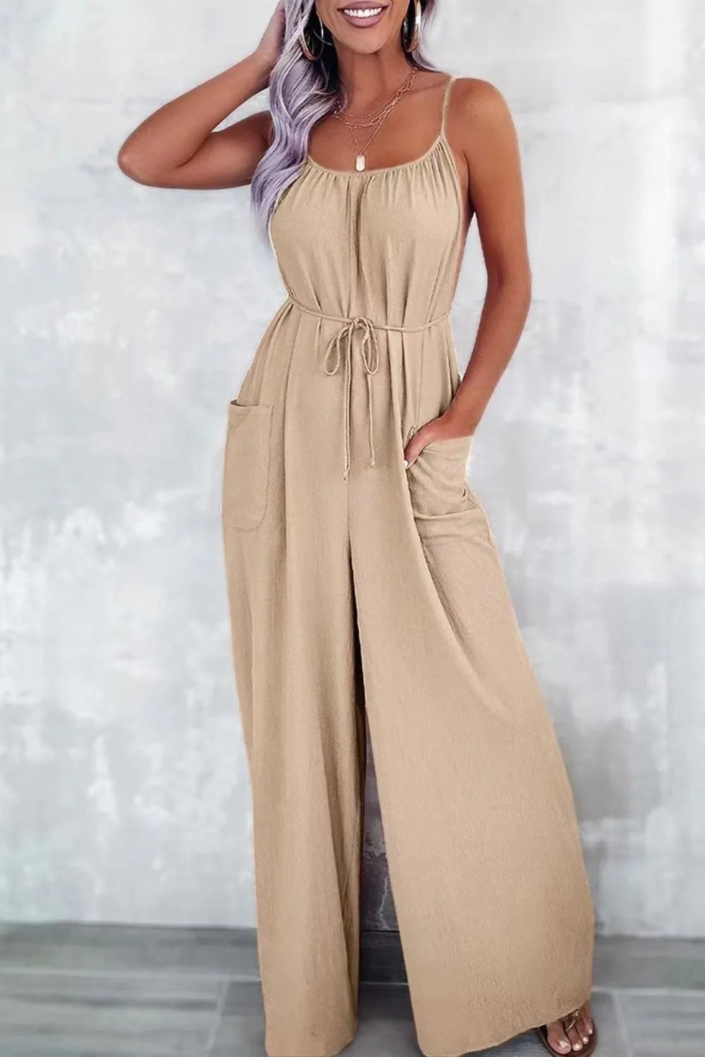 Casual Spaghetti Strap Wide Leg Jumpsuit with Pockets Tan