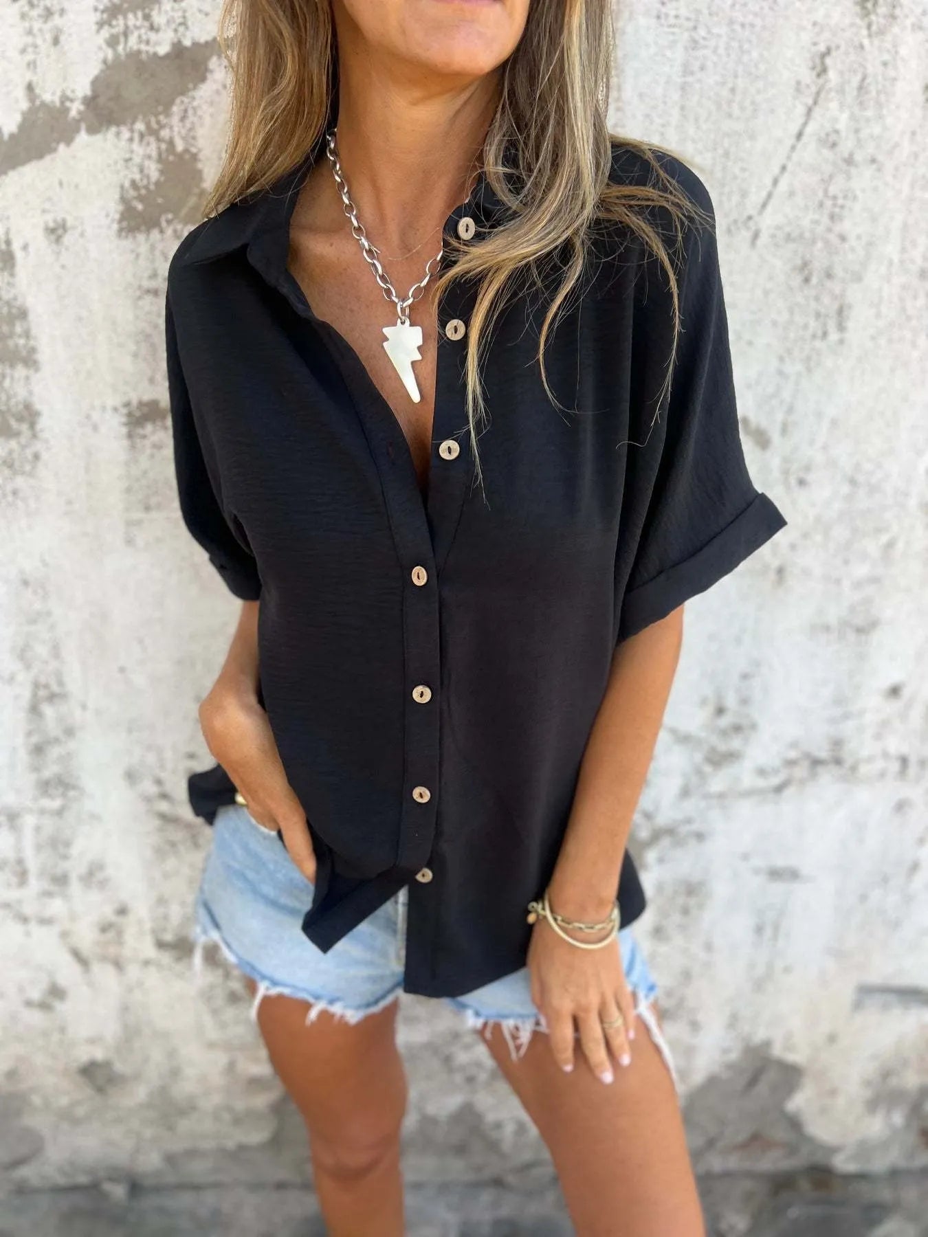 Full Size Casual Button Down Short Sleeve Loose Shirt Plus Size Black