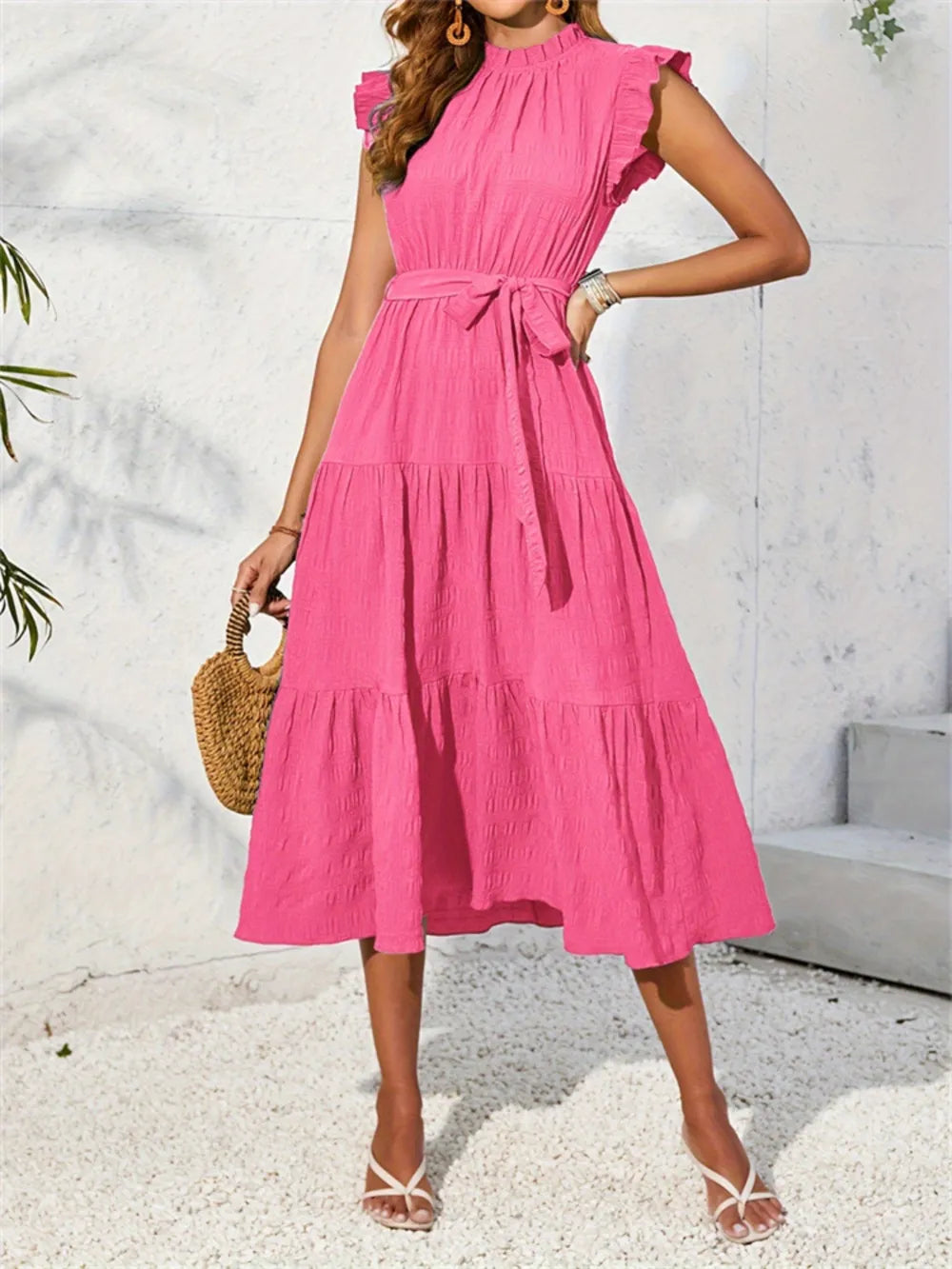 Frill Mock Neck Ruffled Cap Sleeve Midi Dress Hot Pink