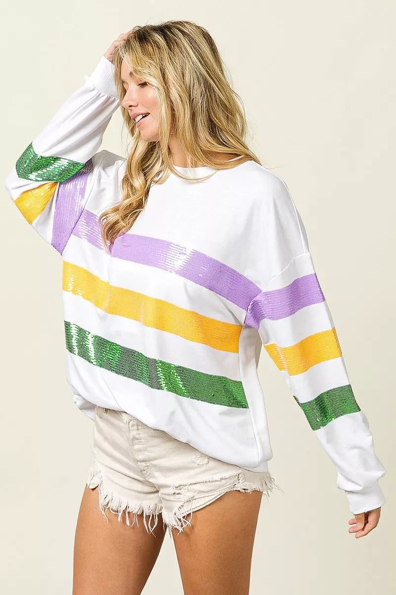 women's bibi sequin mardi gras striped round neck sweatshirt - styling option