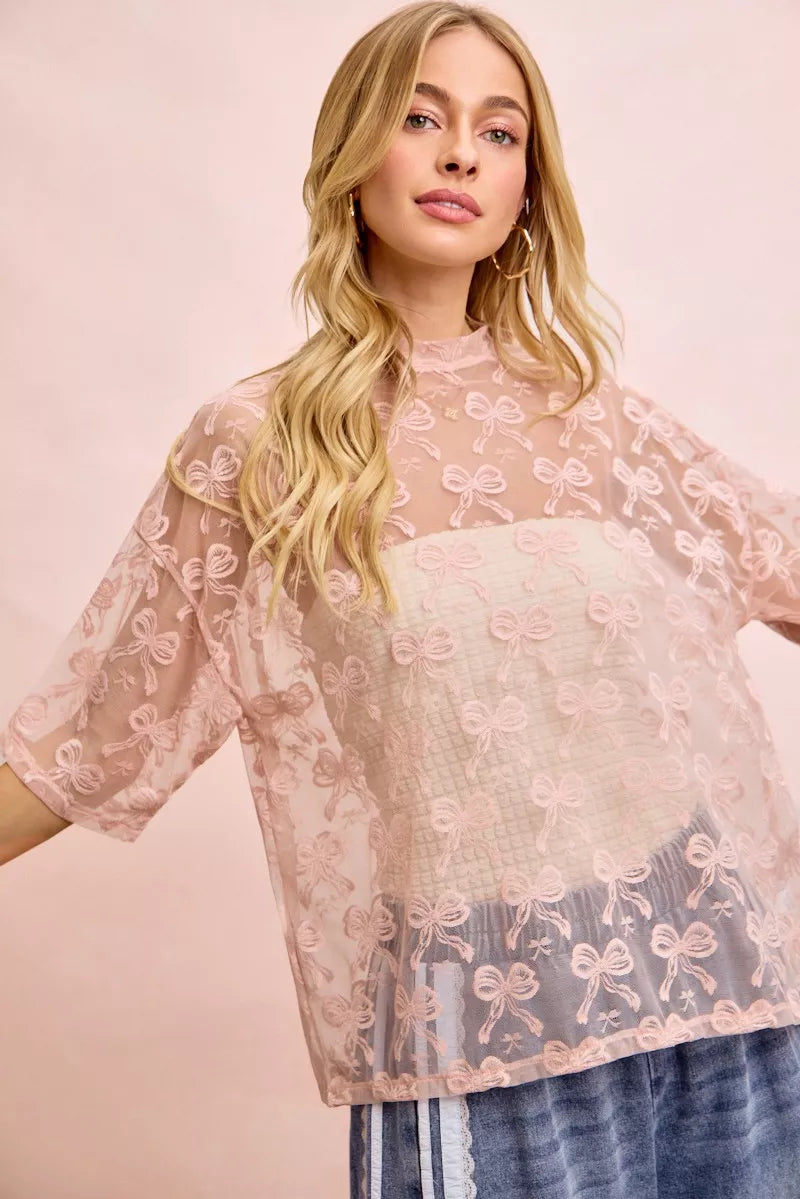 women's bibi bow pattern short sleeves boxy mesh top - styling option