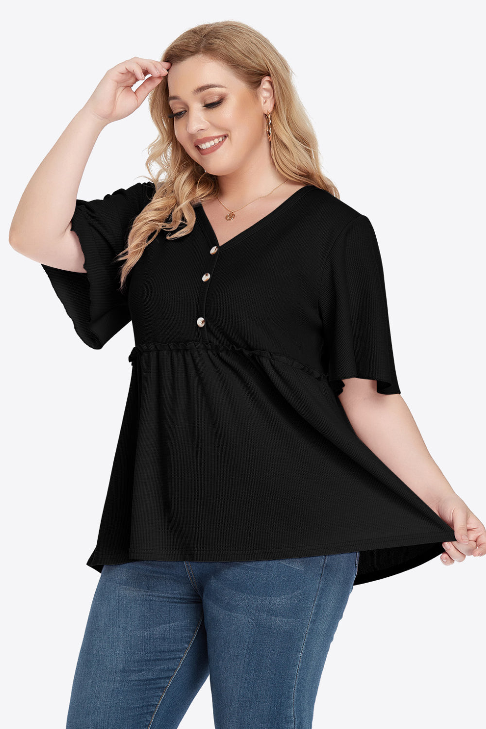 Plus Size Buttoned V-Neck Frill Trim Babydoll Blouse Black
