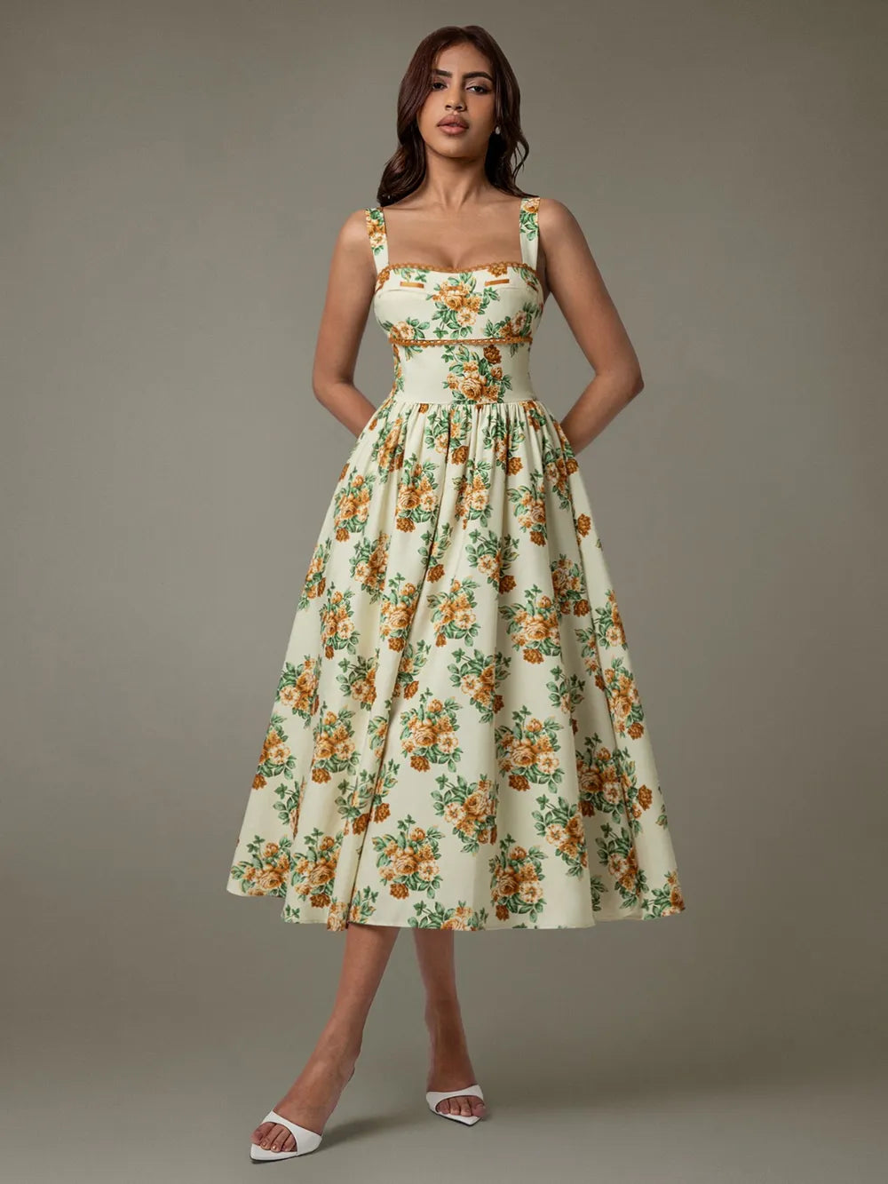lace trim floral sleeveless midi dress shown as women’s dress