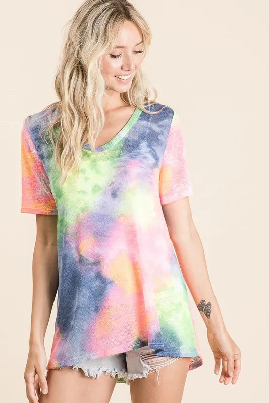 women's bibi tie dye print low gauge deep u neck top - side view