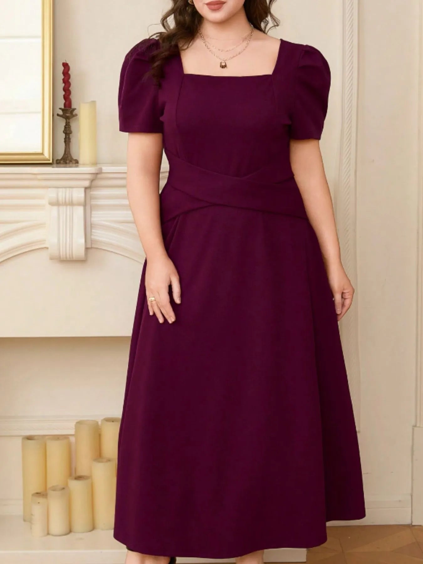 Plus Size Square Neck Puff Sleeve Midi Dress Plum Purple