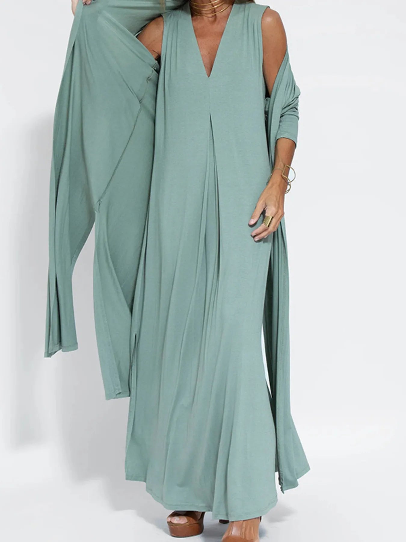 Full Size Open Front Side Slit Longline Cardigan Plus Size Teal