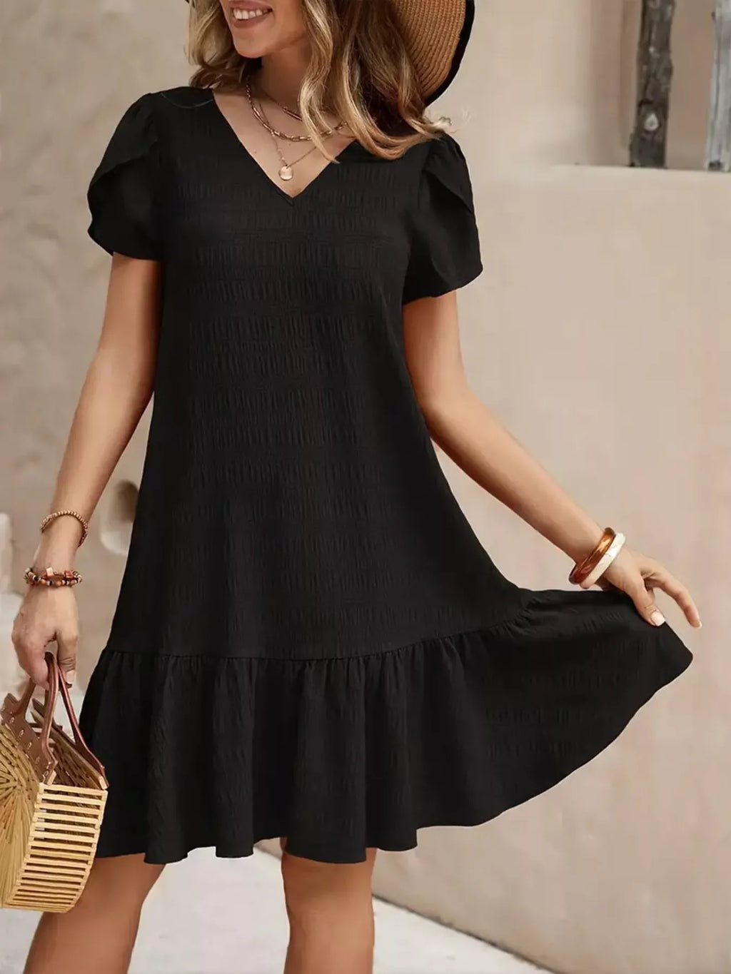 women's v-neck ruffle hem textured mini dress - extra view