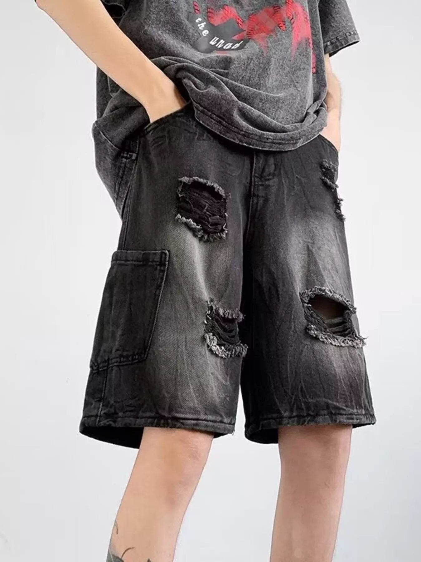 men's men's plus size distressed wide leg denim shorts - additional image