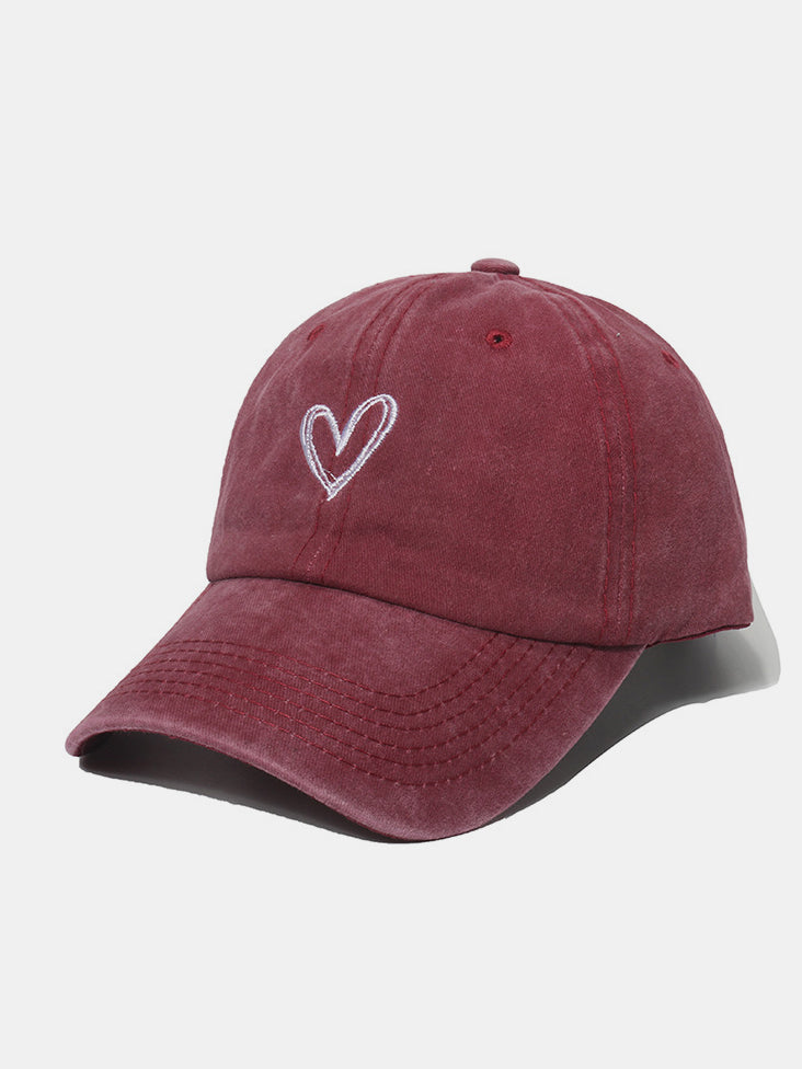 Embroidered Heart Washed Cotton Baseball Cap Burgundy One Size