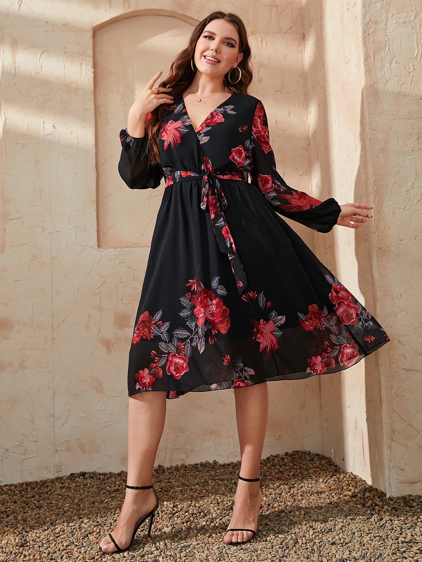 Honey Plus Size Floral Surplice Neck Tie Waist Dress Black