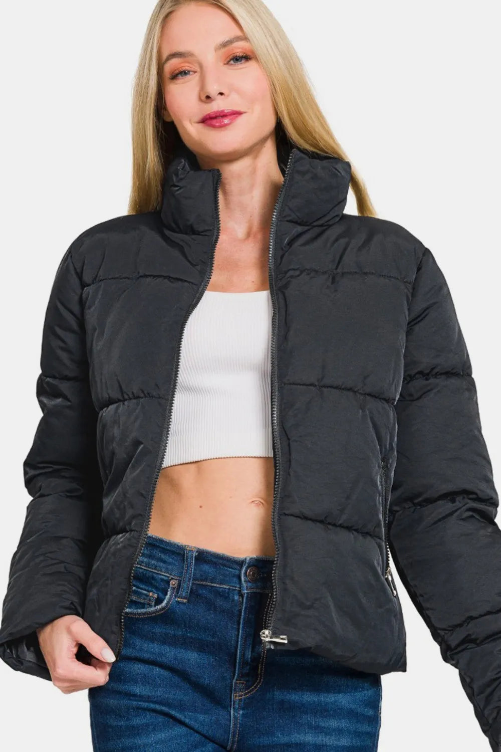 zenana zip up turtleneck puffer jacket with pockets - lightweight quilted coat shown as women’s jack