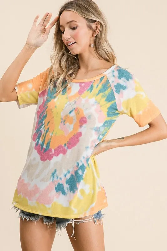 women's bibi tie dye print short sleeve t-shirt with raglan sleeves - additional image