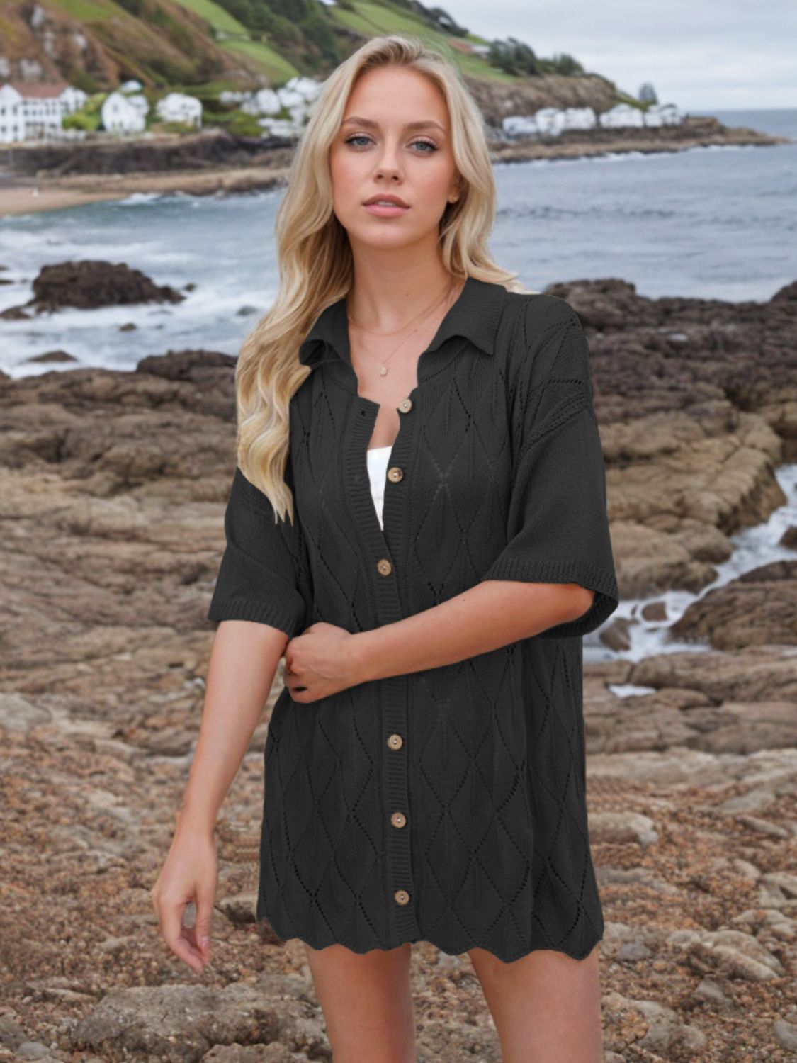 Button Down Eyelet Collared Neck Knit Shirt