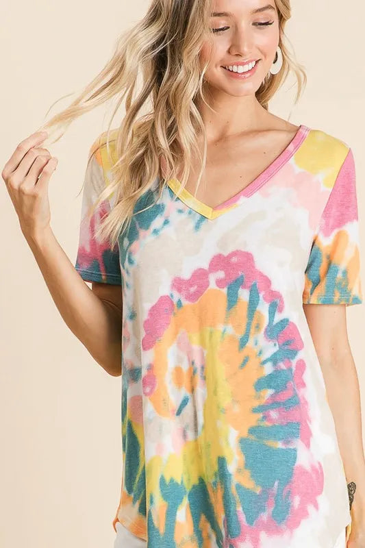 women's bibi circular tie dye print v neck top - extra view