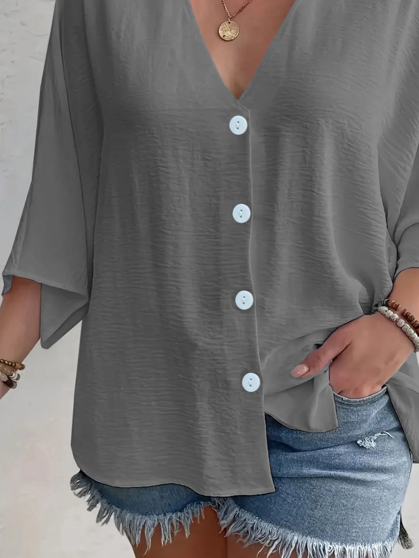 Full Size Casual V-Neck Button Down Relaxed Fit Blouse Plus Size