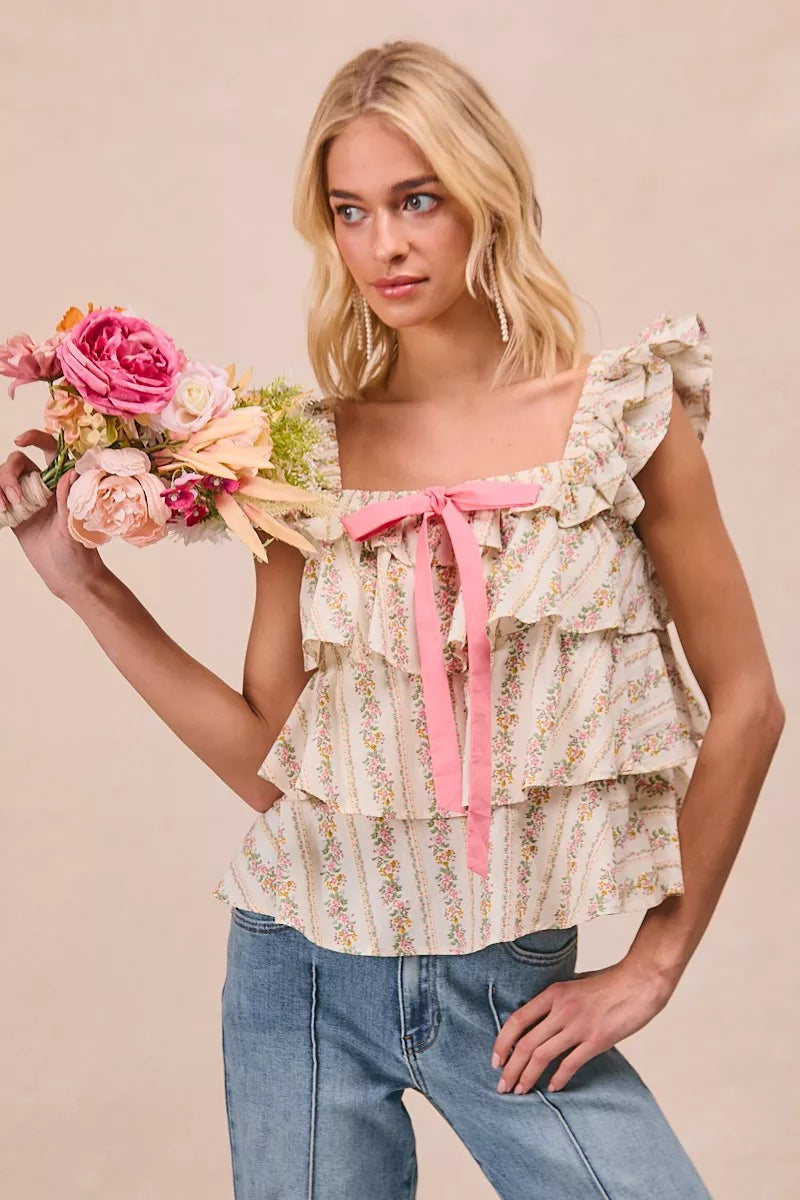 women's bibi floral printed woven front bow tied ruffled square neck sleeveless top - styling option