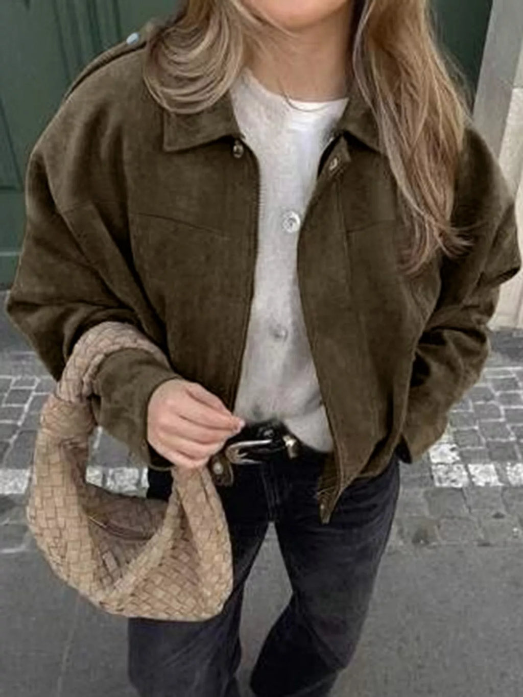 women's plus size suede cropped bomber jacket - detail shot