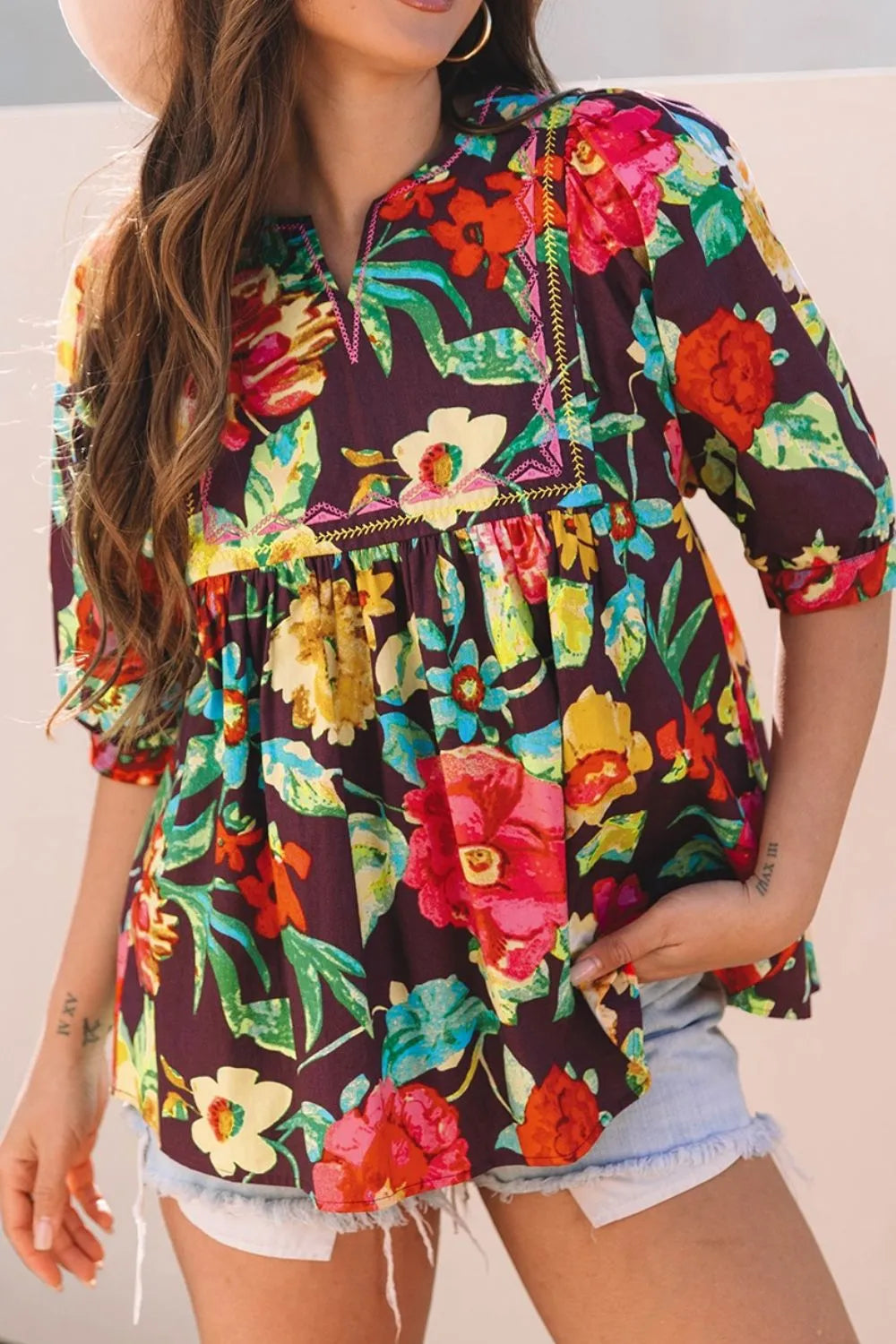 Flower Embroidered Trim Half Sleeve Blouse Floral