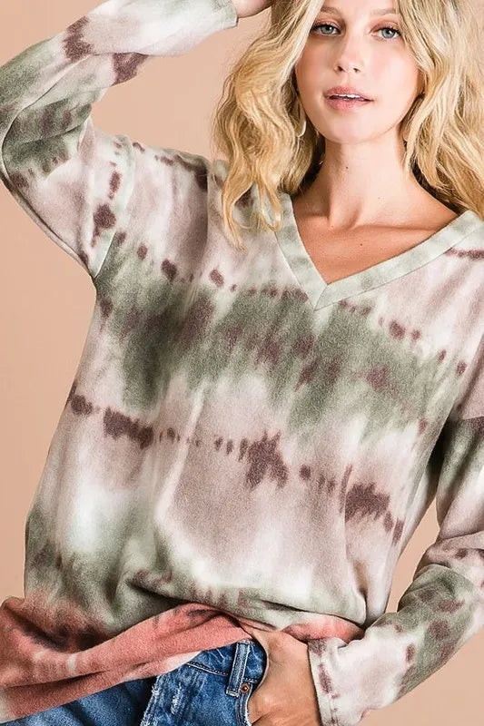 women's bibi brushed tie dye looking print v neck top - styling option