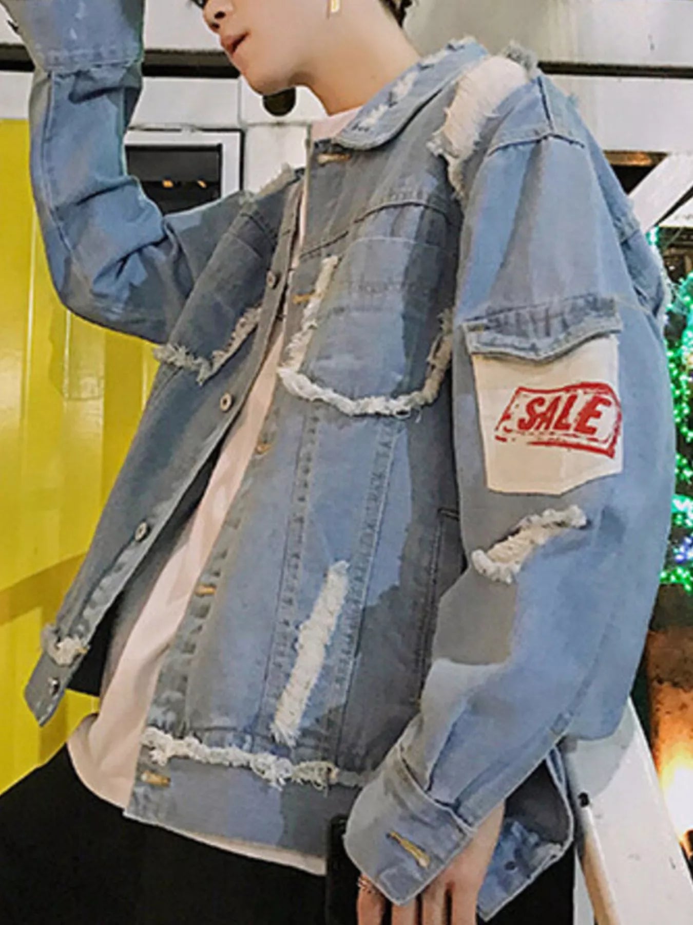 men's men's distressed button up denim jacket - product showcase