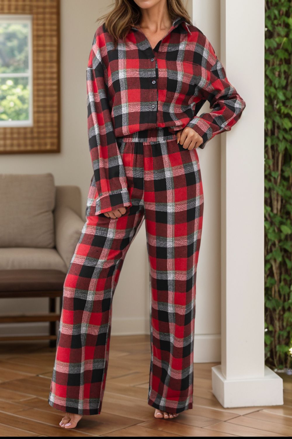 Plaid Long Sleeve Top and Pants Lounge Set Scarlet