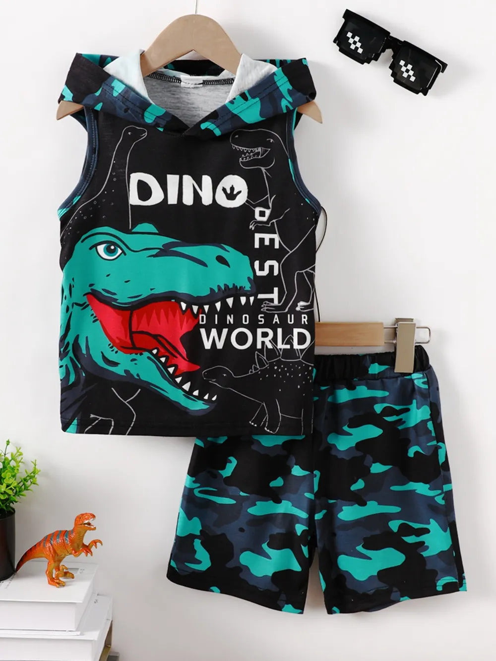 children's dinosaur sleeveless hooded top and pants set — stylish clothing for kids