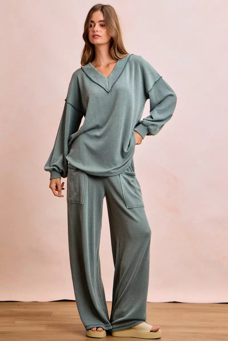 women's bibi two tone cord rib contrast stitching v-neck top and pants set - additional image