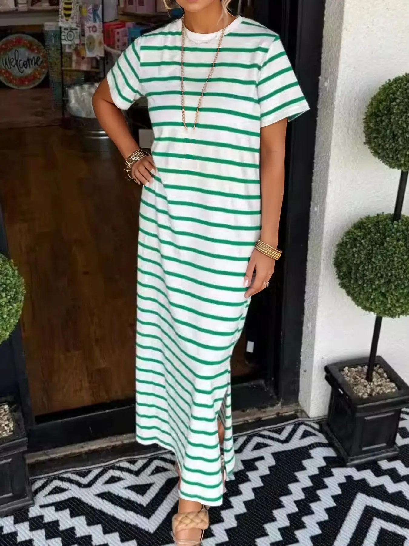 Full Size Striped T-Shirt Maxi Dress with Side Slit Plus Size Green
