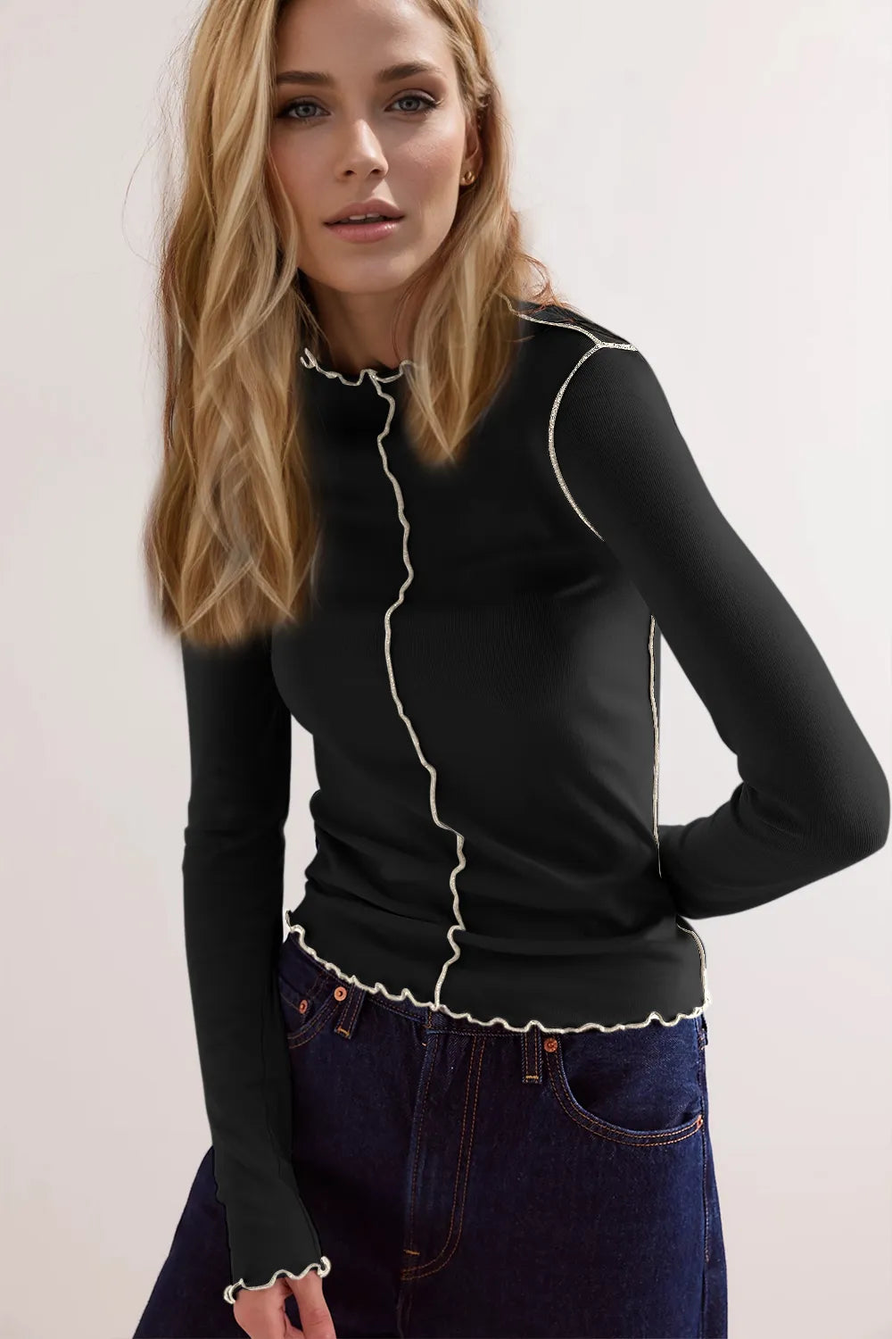 Basic Bae Contrast Trim Mock Neck Long Sleeve T-Shirt Black