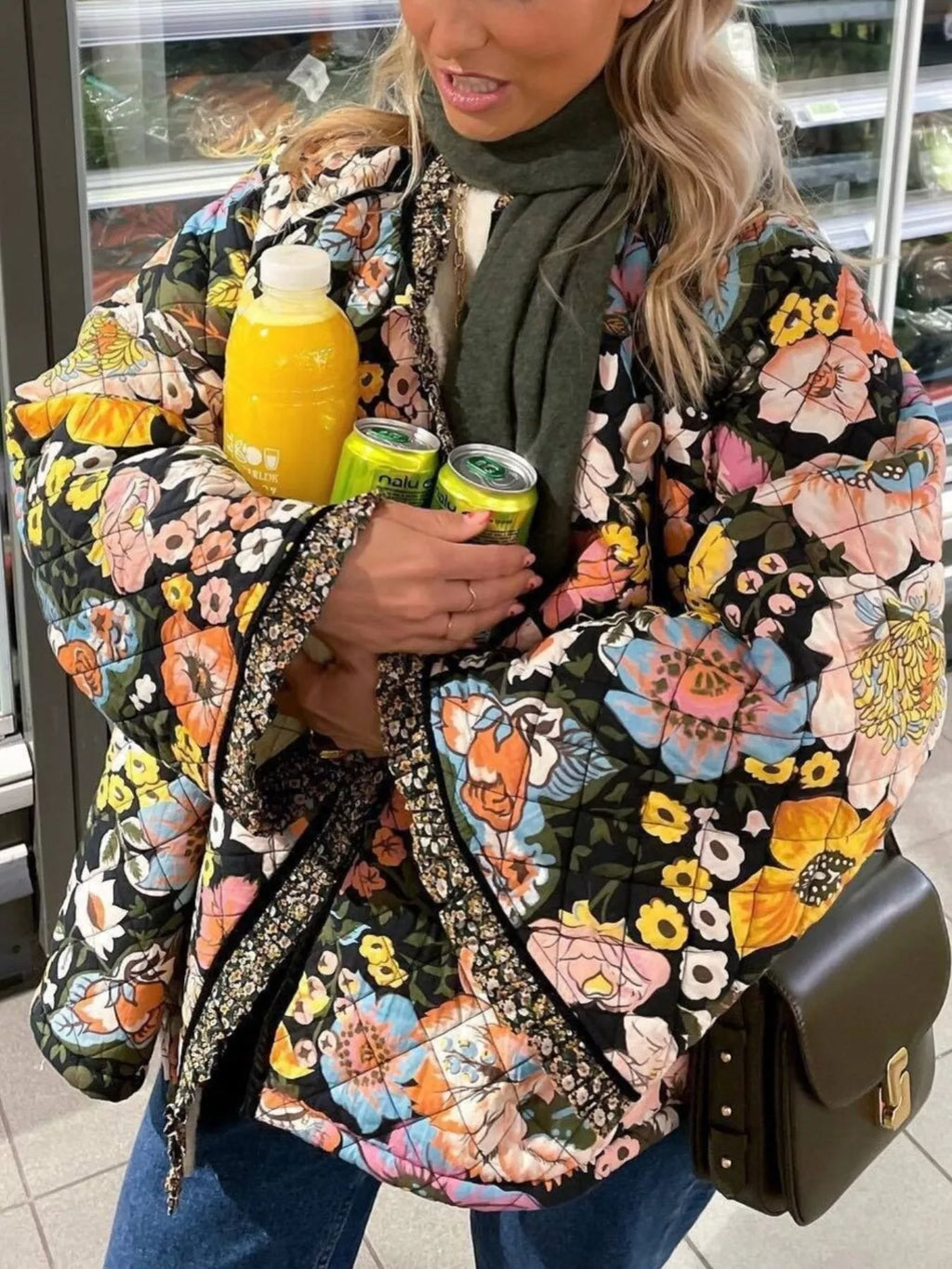 women's full size floral print quilted sherpa-lined jacket plus size - close-up detail
