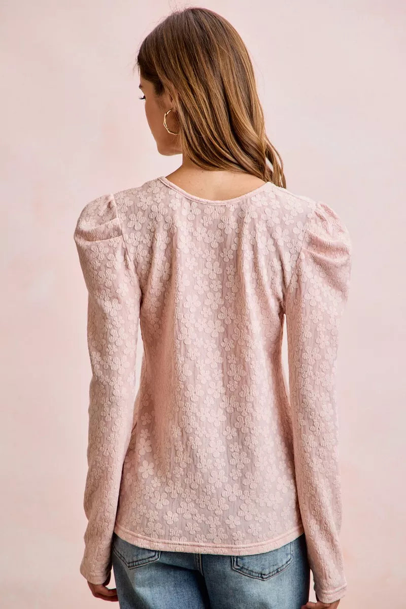 women's bibi textured flower knit puff shoulder top - extra view