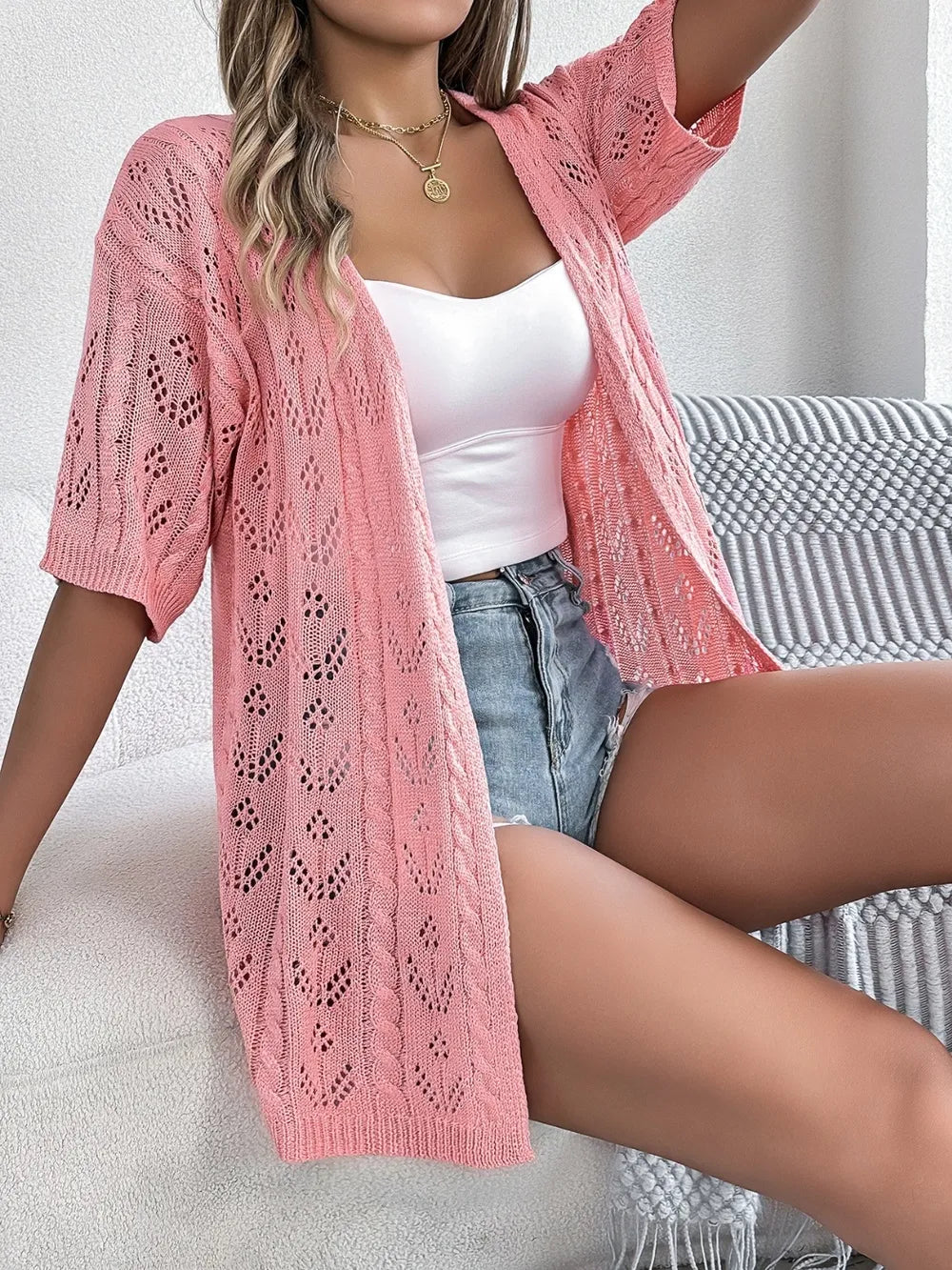 Openwork Open Front Half Sleeve Cardigan Pink
