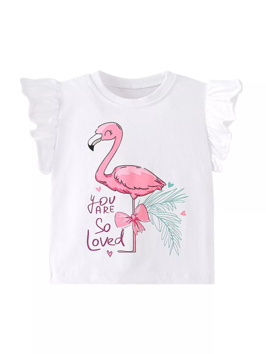 women's children's flamingo graphic ruffle sleeve t-shirt - styled view